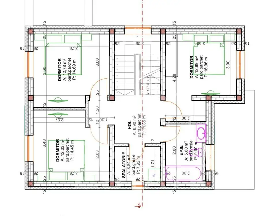 Jumatate de duplex cu 5 camere despartit prin camera tehnica