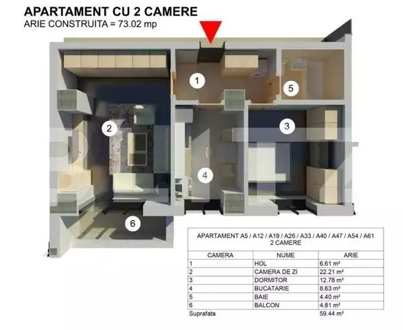 Apartament cu 2 camere, decomandat, 60 mp