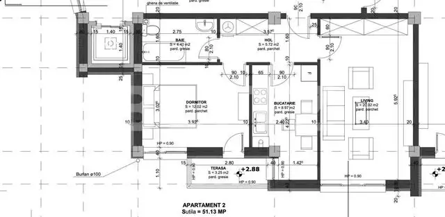 Apartament de 2 camere, 52 mp, decomandat, bloc nou