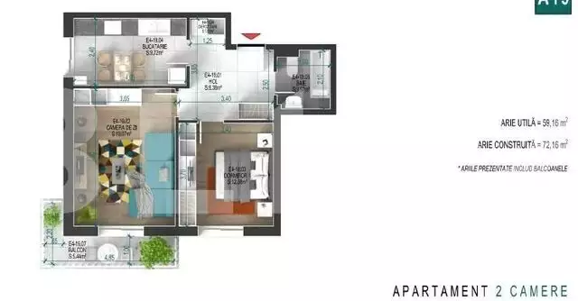 Apartament cu 2 camere, decomandat, sc 72.16 mp, zona Titan-Ozana	