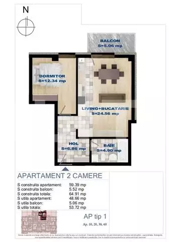 Apartament 2 camere finisat, 48.66mp utili - Bloc nou! 