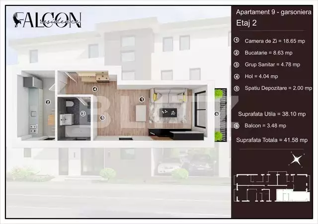 Garsoniera decomandata in ansamblu nou rezidential, SU 41,58 mp etaj 2 din 3, cartier Tractoru