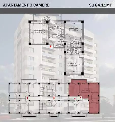 Apartament 3 camere, decomandat, 84.11mp, cartier Rovine