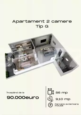 Apartament de 2 camere, 56mp utili, cochet, cu parcare, Torontalului