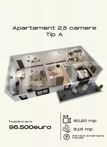 Apartament de 2.5camere, 60 mp utili, cu parcare, in Torontalului