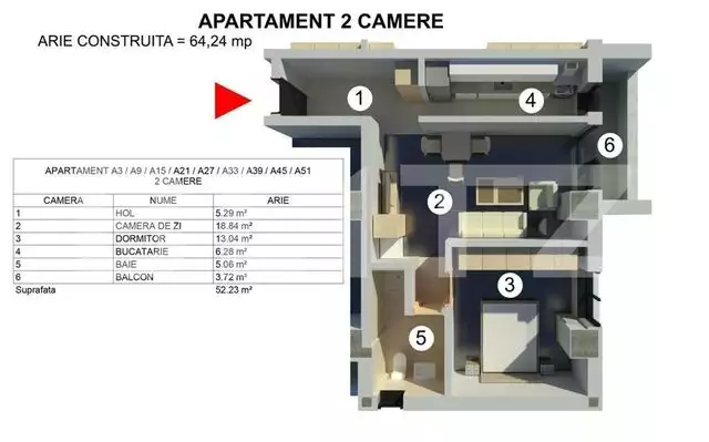 Apartament 2 camere, 64 mp, Catali Stadion