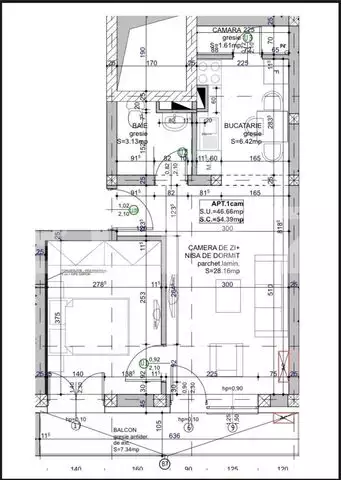 Apartament 2 camere semi-finisat, 46.66 mp utili, complex rezidential in Nufarul