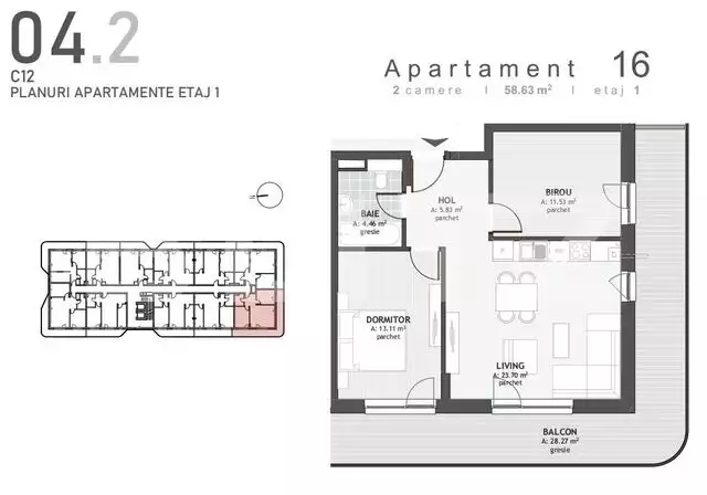 Apartament 2 camere, 58,63 mp+ terasa de 28 de mp in Floresti