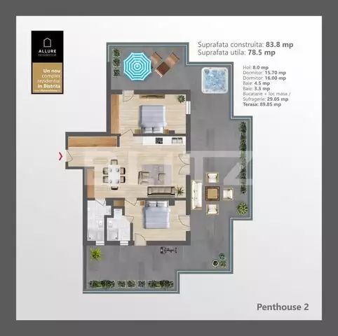 Penthouse de 3 camere, 78,5 mp utili, terasa de 90mp 