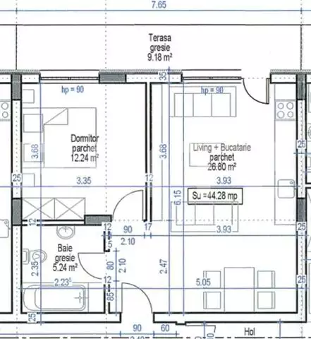 Apartament semifinisat, 2 camere, terasa de 9,18 mp, incalzire in pardoseala, lift, parcare, zona Teilor