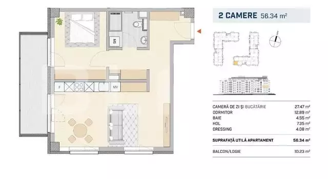 Apartament 2 camere, finisat, orientare SUD-VEST, SEMICENTRAL