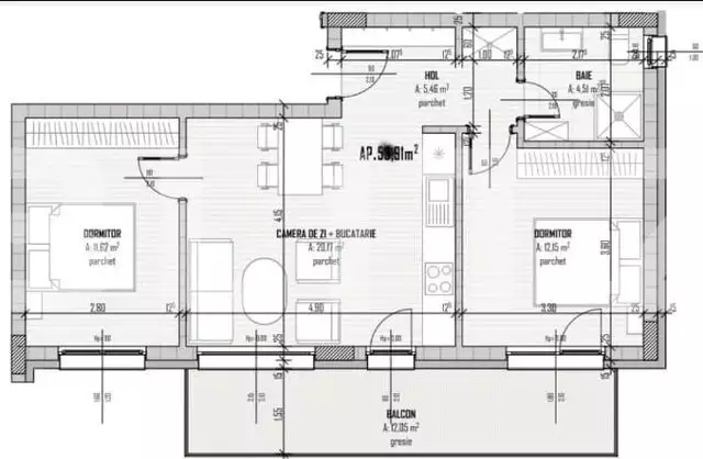 Apartament 3 camere, 54mp, +balcon de 13 mp, parcare subterana, Calea Baciului, Petrom