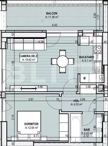 Apartament 2 camere tip studio, 55.79mp, cartierul Brazda