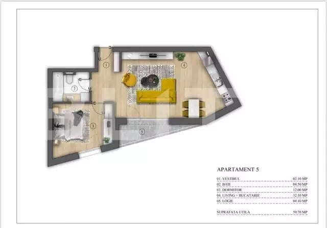 Apartament 2 camere, 51 mp, zona Centrala, Bloc Nou