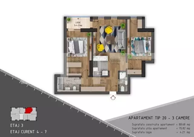 Apartament 3 camere, 76mp, Complex Nou 2023