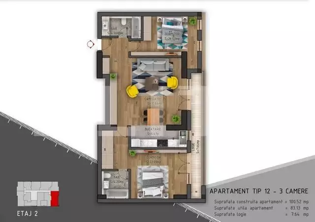 Apartament 3 camere, 83mp, 2 băi, Bloc Nou (2023)