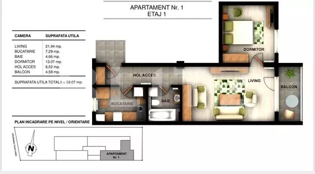 Apartament 2 camere, 58.07 mp, in ansamblu rezidential, zona Ghencea