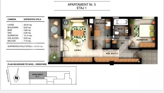 Apartament 2 camere, 64.29 mp, in ansamblu rezidential, zona Ghencea
