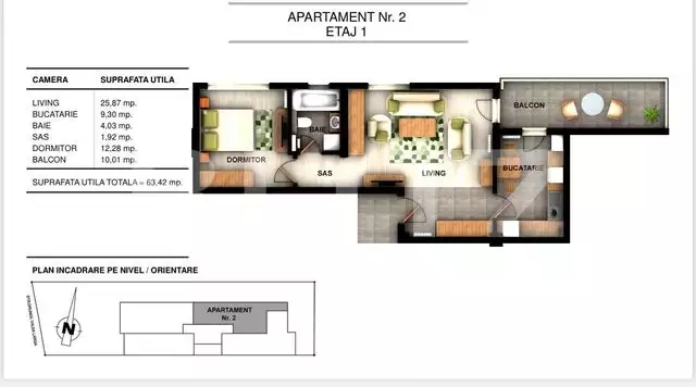Apartament 2 camere, 63.42 mp, in ansamblu rezidential, zona Ghencea