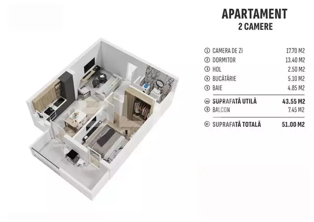 Apartament de 2 camere finisat, 44 mp, terasa, cartier nou rezidential! 