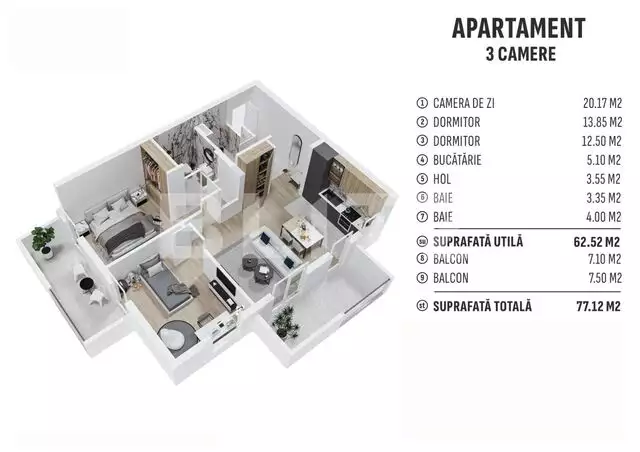 Apartament de 3 camere finisat, 62mp utili, cartier rezidențial nou!