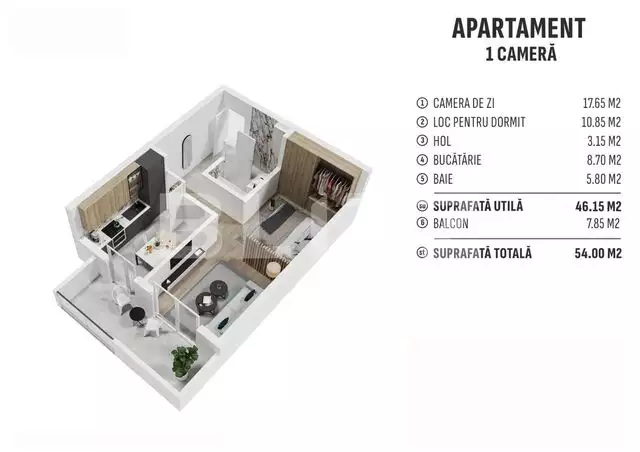 Apartament 1 camera, 46 mp, finisat,  cartier nou rezidential! 