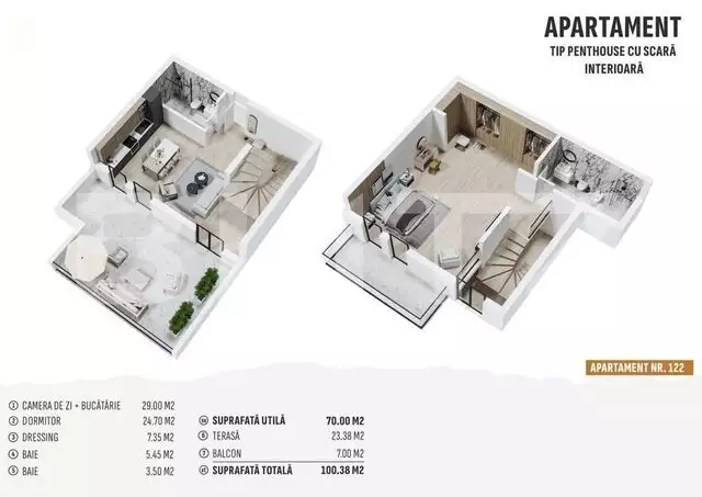 Apartament tip Penthouse, 70mp, terasa, 24mp, Centura