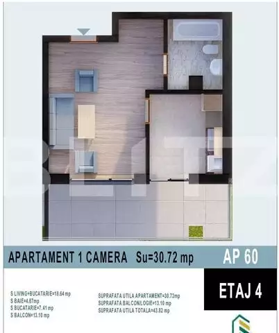Apartament 1 camera, 30mp, bloc nou, Calea Moldovei