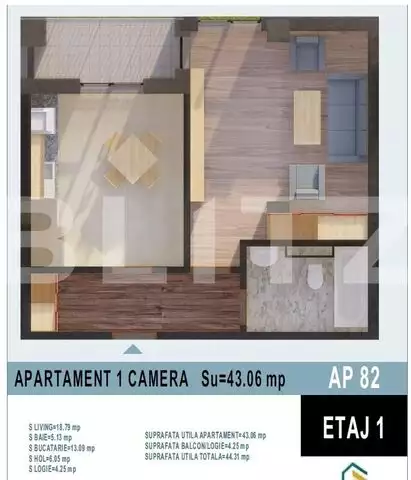 Apartament 1 camera, 43mp utili, bloc nou, Calea Moldovei