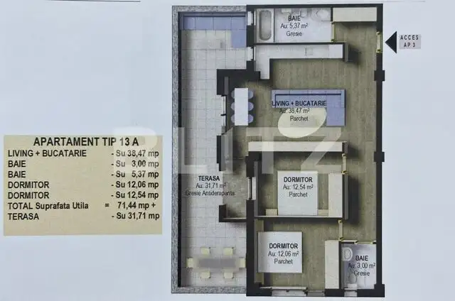 Apartament 3 camere, 71.44 mp, semidecomandat, 