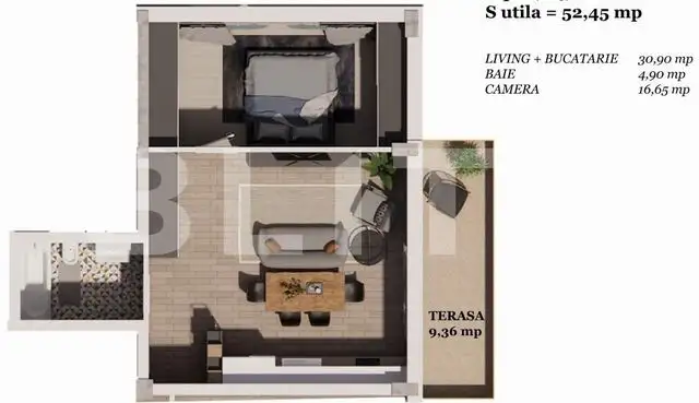 Apartament 2 camere semifinisat, parcare subterana terasa 55mp, zona Auchan Iris