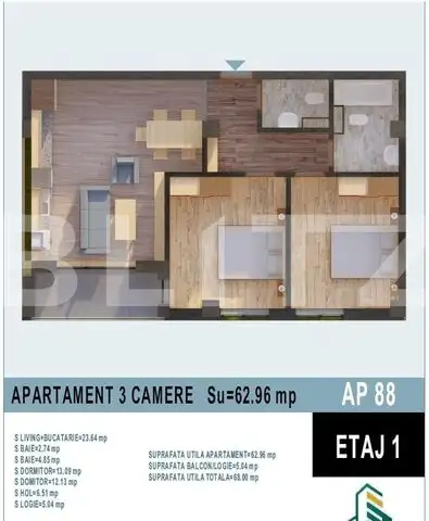 Apartamentde 3 camere in bloc nou, 62,96 mp, Calea Moldovei 