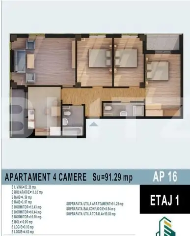 Apartament de camere 91 mp utili, bloc nou