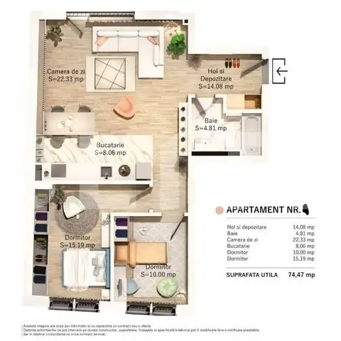 Apartament 3 camere, 69mp, zona Parcul Central 