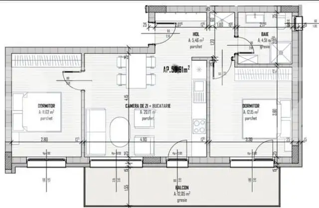 Ap 3 camere, 54mp, parcare subterana, Calea Baciului