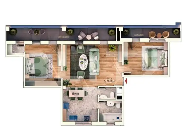Apartament 3 camere, 2 bai, 71 mp, 24 mp balcon, parcare subterana