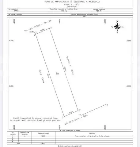 Teren extravilan 1600 mp, deschidere 17 ml la DN 65, Bals