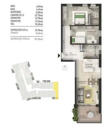 Apartament 3 camere, 77 mp, terasa, zona Centrala