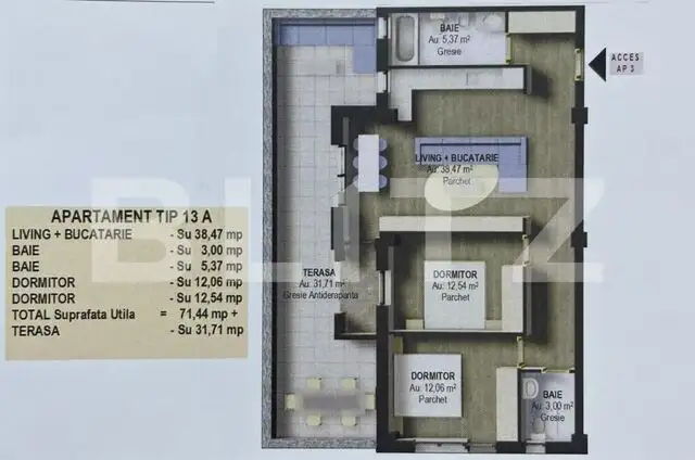Apartament 3 camere, 71.44 mp, semidecomandat, în Fălticeni