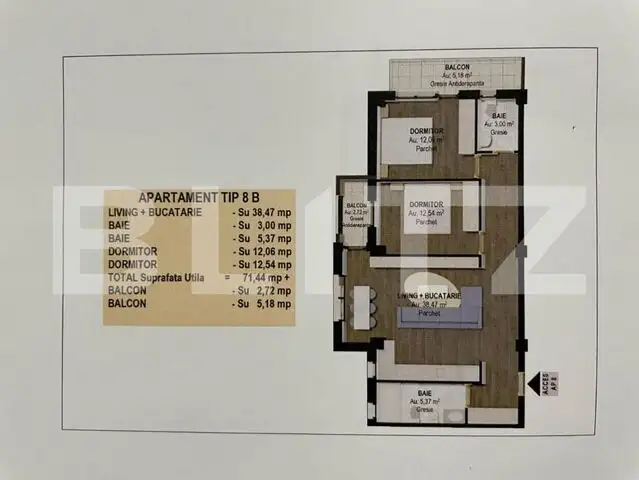 Apartament 3 camere, etaj 1, 71.44 mp, semidecomandat, în Fălticeni