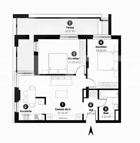 Apartament 3 camere, orientare S-V , etaj intermediar, zona 