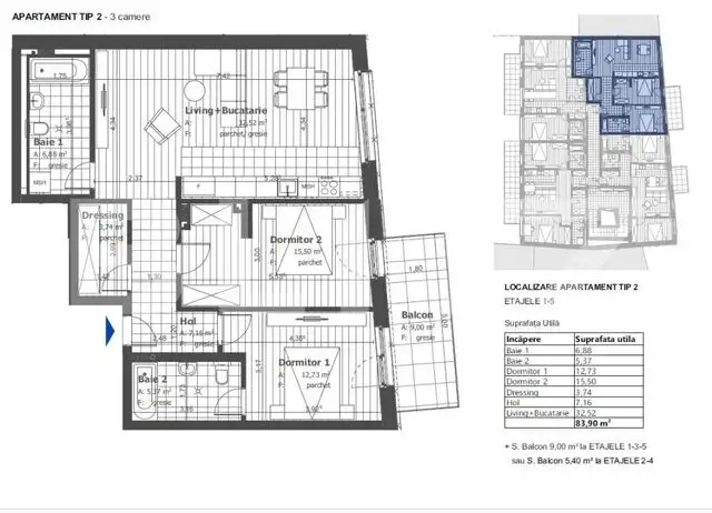 Apartament de 3 camere, etaj intermediar, semifinisat, zona Semicentrala