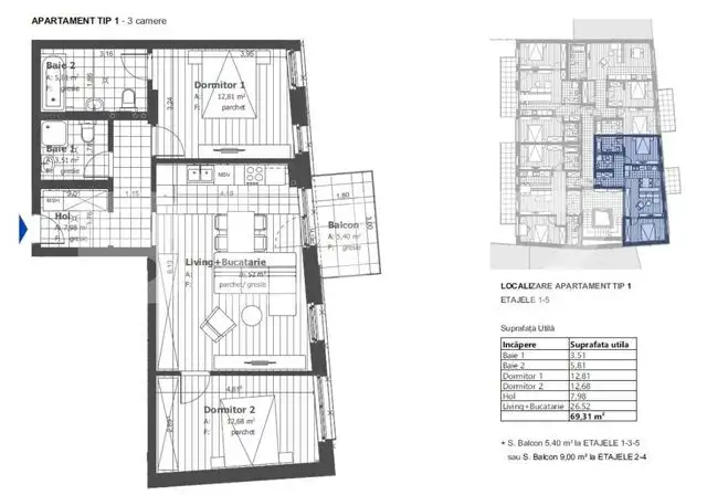 Apartament de 3 camere, etaj intermediar, semifinisat, zona Semicentrala