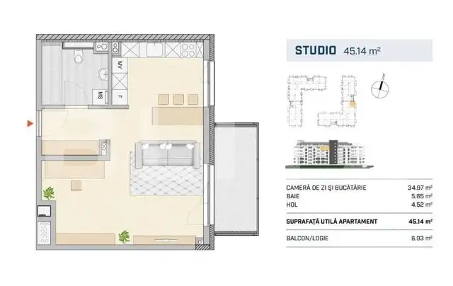 Studio 45mp, etaj intermediar, Finisat, zona Semicentrala