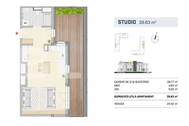 Studio 40mp | Terasa 21 mp. |  Finisat - zona Semicentrala