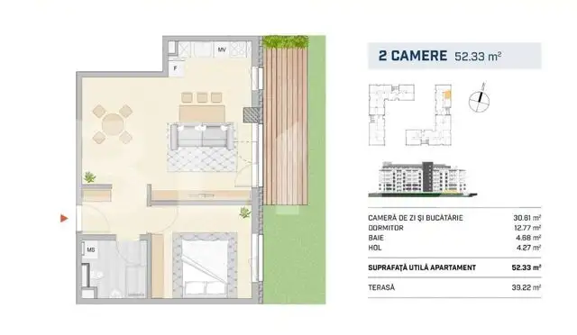 Apartament 2 camere cu terasa 33 mp