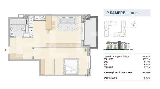 Apartament 2 camere 66 mp, etaj intermediar, finisat, zona Semicentrala