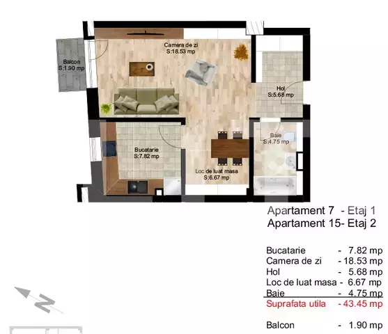 Apartament cu 1 camera, 43.49 mp, zona Centrală