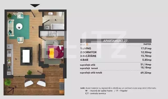 Apartament 2 camere, 52 mp + terasa 18 mp, in ansamblu rezidential