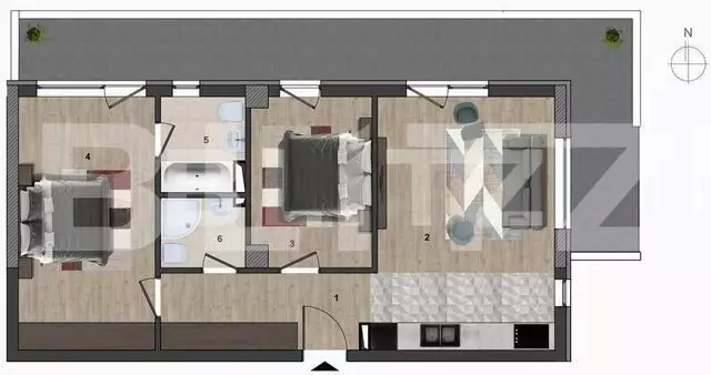 Apartament 3 camere, 63 mp, terasa 23.32 mp, semifinisat, etaj intermediar!